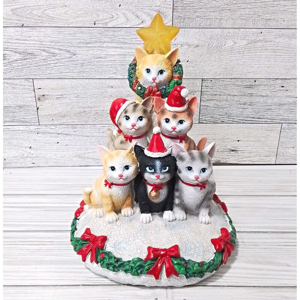 Christmas Illuminated Cat Tree Resin Figurine Battery-Powered Painted 8"x5"